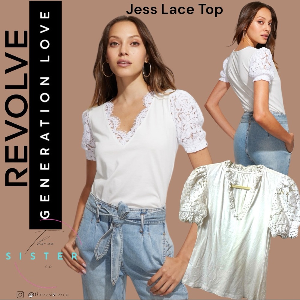 Revolve Generation Love Jess Lace Combo Top short sleeve puff sleeve V Neck - Picture 1 of 8